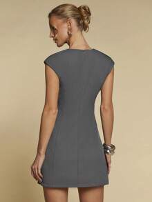 COSMINA Women's V-Neck Gray Cap Sleeve Minimalist A-Line Mini Dress, Old Money Style Dress, Office Commuter Mini Dress - Grey - View 2