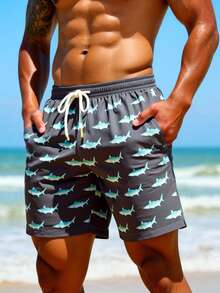 Manfinity Swimmode Men's Drawstring Waist Shark Print Pocket Casual Versatile Beach Shorts - Grey - View 6
