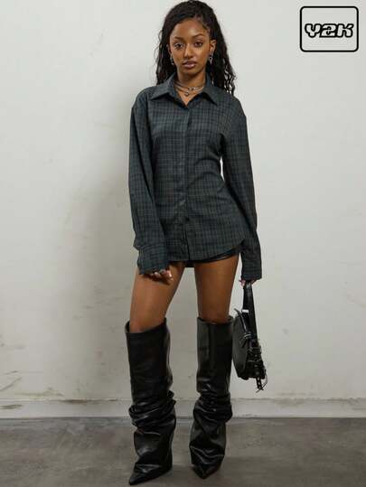 COUREZ 格纹长袖收腰衬衫/女士夏季服装夏季上衣 Y3K Y2K 复古