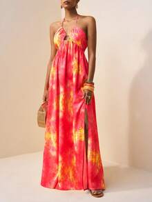 Zivah 2026春夏新款音乐节、复活节、圣帕特里克节、情人节、约会、西部风、游牧风、生日派对、毕业典礼、大学、学生、日常穿着、百搭基础款、休闲、度假、邮轮旅行、海滩、日光浴、热门款、街头风、婚礼宾客波西米亚风、通勤、早午餐、机场、派对、假日郊游、办公室着装、吊带A字长款扎染印花粉黄侧开衩连衣裙 - 粉色 - 查看 8