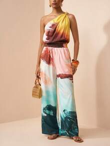 Zivah Women's Tie-Dye One-Shoulder Twist Pleated Top And Elastic Waist Wide Leg Pants Casual Outfit Set - Multicolor - View 4