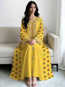 SHEIN Najma 女士黄色花卉仿刺绣印花V领长袖优雅阿拉伯风长连衣裙，春秋季 - 彩色 - 查看 3