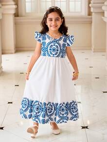 Sparklyn Kleine Mädchen Geometrisches Muster Patchwork Rüschen Saum Ärmelloses Kleid, geeignet für Alltag, Urlaub, Elegant & Outfit - Verschiedenfarbig - Übersicht 4