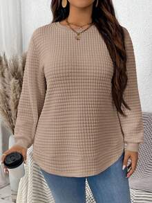 SHEIN LUNE 大码女式休闲纯色纹理长袖卫衣 - 杏色 - 查看 6