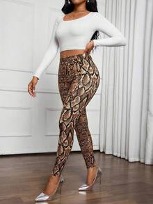 SHEIN Lady 四季蛇纹印花女士打底裤 优雅修身长款女士打底裤 - 棕色 - 查看 5