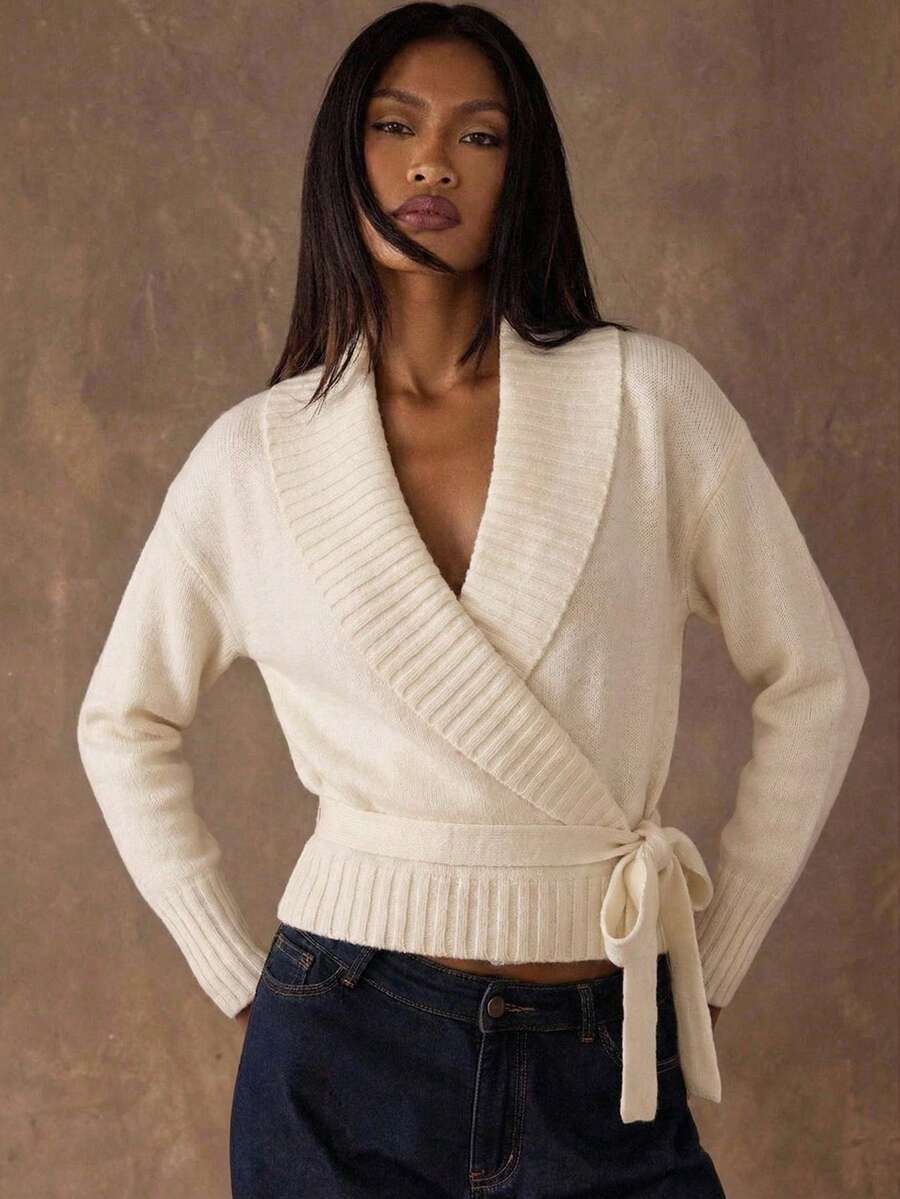 SHEIN BAE Women's Casual Solid Color Lace-Up Wrap Sweater - Apricot - View 1
