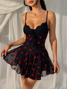 SHEIN EZwear Đầm ngắn hai dây lưới hình trái tim màu đỏ dành cho nữ nhân dịp Lễ Tình nhân - màu đen - Xem 1