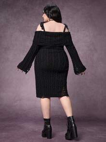 ROMWE Goth 1pc Plus Size Women Shoulder Ripped Design Shoulder Strap Bodycon Dress/Winter - Black - View 3
