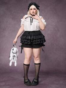 ROMWE Goth Quần short bí ngô họa tiết hoa satin tối màu cho nữ cỡ lớn - màu đen - Xem 1