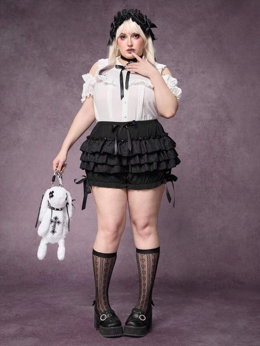 ROMWE Goth Quần short bí ngô họa tiết hoa satin tối màu cho nữ cỡ lớn - màu đen - Xem 1