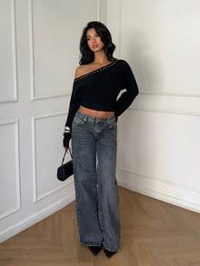 Aloruh Áo len đen ôm dáng gợi cảm đính đinh tán ở vai, vạt áo bất đối xứng dành cho nữ, thích hợp cho mùa xuân, phong cách thường ngày. - màu đen - Xem 5