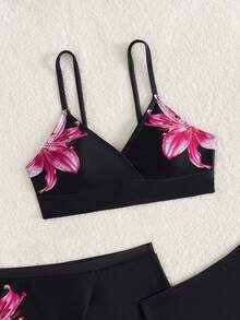 SHEIN 少女百合印花比基尼套装，针织面料，可调节细肩带，V领设计，荷叶边下摆，时尚优雅，适合游泳、夏季、海滩和度假。 - 黑色 - 查看 6