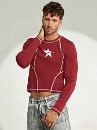 FeverCity Camiseta casual de cuello redondo ajustada de unicolor con estampado para hombres