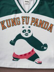 SHEIN Kung Fu Panda Tween Girl Casual Contrast Color Cartoon Panda Print V-Neck Short Sleeve T-Shirt And Cargo Pants Set, Summer - أخضر - مشاهدة 4