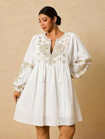 Travachic Plus Size Casual Bohemian Black Embroidered 100% Cotton Dress With Front Tie Bow, Long Sleeve Loose Fit Mini Dress For Women, Autumn