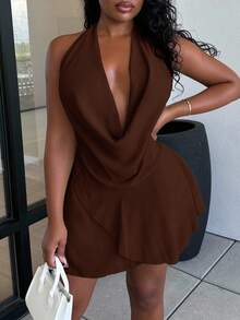 Alexandranx New Spring/Summer Sexy Backless Solid Color Halter Deep Draped Neck Asymmetrical Ruffle Hem Mini Dress - Brown - View 4