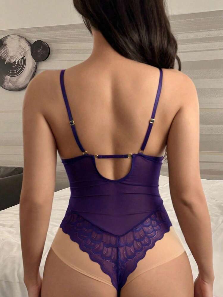 Lace Hollow-Out Backless Deep V-Neck Bodysuit For Women, Slim Fit & Sexy For Going Out Lingerie For Women
