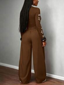 Rovax Y2K复古街头风嘻哈数码印花女装两件套：长袖上衣和裤子 - 咖啡棕 - 查看 2