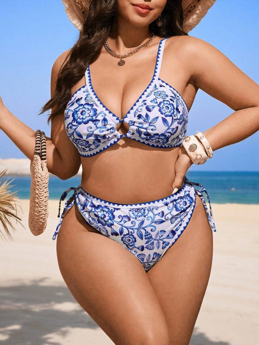 Swim Vcay New Plus Size Women's Floral Print Adjustable Strap High Waist Bikini Two Pieces Swimsuit, Plus Size Swimsuit Two Piece, Plus Size Bikini Sets, Curve Bikini Set - Blue and White - View 1