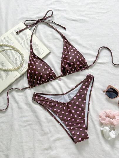 Swim Mod 2026 New Women's Swimwear ArrivalFor School,Suitable For Holiday, Date, Afternoon Tea, Western, Cruise, Beach, Island, Road Trip, All Seasons, Music Festival, Boho Vacation,Bohemian Vacation, Chill Autumn ,Western Boho ,Elegant Tops For Women Cute Brown & Pink Polka Dot Sexy & Adorable Women Beach Vacation Swimsuit Set