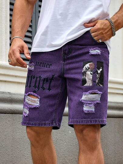 Manfinity LEGND Men's Fashionable Printed Casual Denim Shorts Purple Graphic Jorts Mens Purple Denim Shorts Streetwear Men Shorts Washed Denim Shorts Men Graphic Denim Shorts Men Mens Ripped Denim Shorts