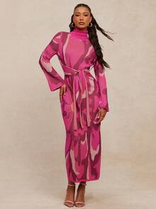 NYA SZN Dress Long Sleeve Turtleneck Tie Detail Fitted Bodycon Pink Floral Pattern Winter Spring Date Special Occasion Event Party Knit Knitwear Rib Knit Maxi Lenght Outfits For Women - Multicolor - View 4