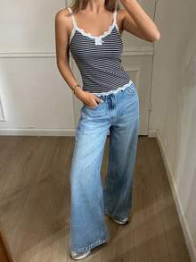 DAZY Women's Contrast Striped Lace Trim Fitted Camisole Elegant Sleeveless Top, Spring/Autumn Y2k