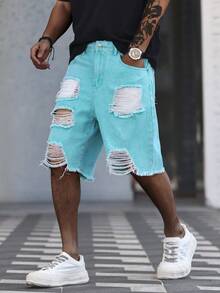 Manfinity Roughcore Men's Casual Washed Distressed Denim Shorts Teal Jean Shorts Men - Green - View 6