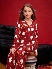 HARRY POTTER X SHEIN Conjunto de pijama de niña preadolescente con parte superior con cuello y pantalones estampados con búhos de dibujos animados, resistente a las llamas, para otoño/invierno - Rojo - Ver 2