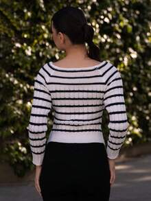 Andrea Bello Streetwear Women's Autumn/Winter Colorblock Off Shoulder Ribbed Fitted Long Sleeve Sweater - Multicolor - View 2