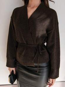 Bris Aura Women's Solid Color Drop Shoulder Long Sleeve Casual Knit Cardigan, Autumn/Winter - Chocolate Brown - View 3