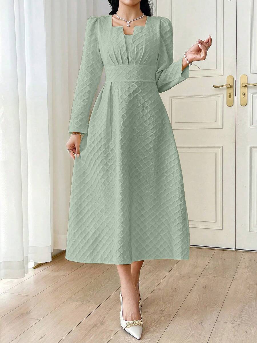 Modelyn 法式方领格纹提花褶裥连衣裙 - 灰藍色 - 查看 1