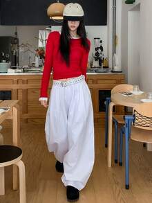 DAZY 女士扭结镂空长袖T恤，修身短款上衣 - 紅色 - 查看 6