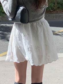 DAZY Elastic Waist Floral Embroidery Ruffle Hem Cute Short Skirt, Versatile & Slimming For Women - White - View 2