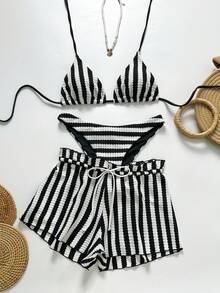 Swim Chiccia 26SS 女士夏季沙滩条纹吊带系带性感比基尼泳装套装，含罩衫和短裤，新款女士泳装到货，适合上学、度假、约会、下午茶、西式、邮轮、海滩、海岛、公路旅行、四季皆宜、音乐节、波西米亚风度假、秋日休闲、西式波西米亚风，优雅女士条纹两件套三件套沙滩套装女士夏季套装短裤泳衣套装女士沙滩套装 - 黑與白 - 查看 6