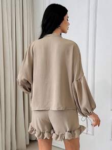 EURMUSE Women Blouses With Tassels & Shorts With Ruffles Beige Two Pieces Set Two Pieces Lounge Set Comfortable Two Pieces Set Elegant 2 Pieces Set - Coffee Brown - View 3