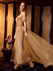 MOTF PREMIUM SEQUIN CONTRAST MESH COCKTAIL PARTY DRESS - Gold - View 5