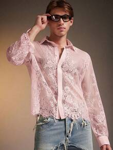 FeverCity Men's Fashionable Sexy Sheer Lace Mesh Shirt - Pink - View 2