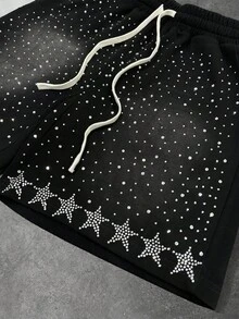 ROMWE MEN Men's Fashionable Sparkling Diamond Zebra Print Shorts, Summer - Black - View 3