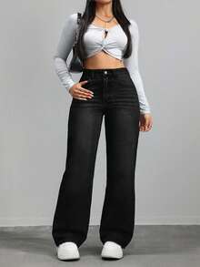SHEIN CURVE+ 大码女式牛仔风蓝色无弹修身直筒牛仔裤，秋季款 - 黑色 - 查看 3