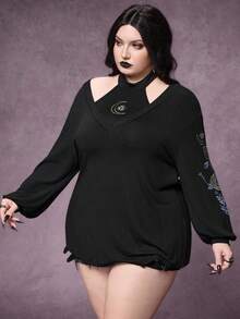ROMWE Setelan 2 Potong Wanita Ukuran Besar Motif Kulit Ular Gothic dengan Bordir Bunga, Terdiri dari Kamisol dan Atasan Luar. - Hitam - View 5
