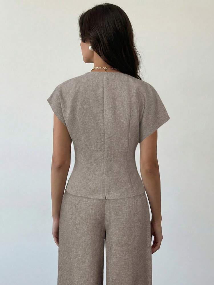 Aloruh Frühlings-/Sommer-Neuheiten Set, elegante Resort-Kleidung, apricotfarbenes Leinen Asymmetrischer Ärmel seitlich geraffter Taille Pendler-Set aus apricotfarbener Bambus-Leinen Bluse & Hose mit hoher Taille und weitem Bein, modischer Pendler-Stil mit geraffter Taille asymmetrischem Saum Bluse & Hose Zweiteiler, geeignet für alle Jahreszeiten, elegant für den Pendler, täglichen Ausgang, lässige Kombination, Abschlussfeier, Lehrertag, Schulanfang und andere Anlässe. - Aprikosenfarben - Übersicht 4