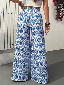 EURMUSE Quần ống rộng dáng suông thoải mái, cạp chun in hoa dành cho nữ - Màu xanh lam - Xem 2