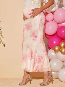 Loomaby Maternity Floral Print Adjustable Waist Mermaid Hem Elegant Skirt Dress Gender Reveal Dress Maternity Dress Baby Shower Dress - Pink - View 1