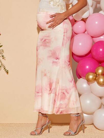 Loomaby Maternity Floral Print Adjustable Waist Mermaid Hem Elegant Skirt Dress Gender Reveal Dress Maternity Dress Baby Shower Dress