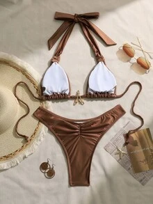 Swim Chiccia 2pcs Women's Sexy Elegant Vintage Halter Strap Ruched Design Coffee Brown Beachwear Bikini Set,Summer Holiday Outfits ,Valentine's Day,Carnival - Coffee Brown - View 2