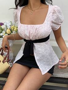 Sunnyshic Women's Pink Embroidered Waist Bow Tie Blouse, Sweet, Suitable For Vacation, Picnic, Versatile