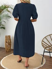 SHEIN LUNE 夏季优雅正式修身收腰中长连衣裙，饰有蝴蝶结 - 寶藍色 - 查看 2