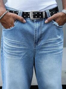 Manfinity EMRG Plus Size Stylish Cat Whisker Pleated Denim Jeans Men Baby Blue Pants - Blue - View 6