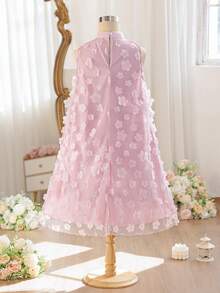 SHEIN Pitira 少女立领网纱碎花休闲宽松吊带连衣裙 - 粉色 - 查看 14